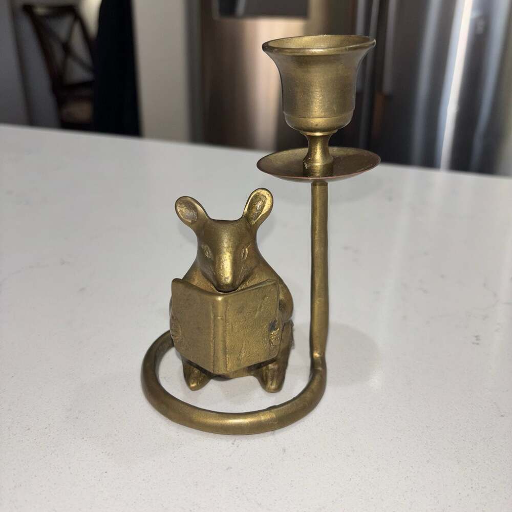 Vintage Brass Mouse Reading Book Candlestick Art Candle Holder